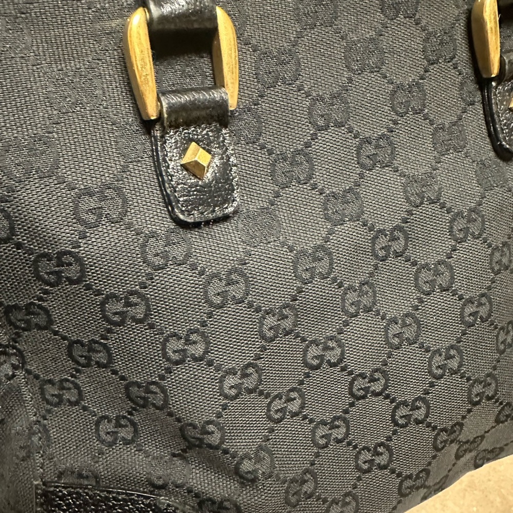 Gucci GG Canvas Tote Bag In Black Leather With Studs - Picture 15 of 16